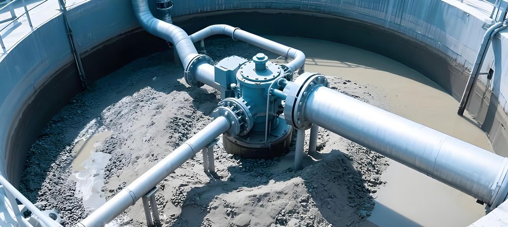 Bomba de lama para remoção de areia abrasiva, cascalho e detritos coletados em uma estação de tratamento de águas residuais.